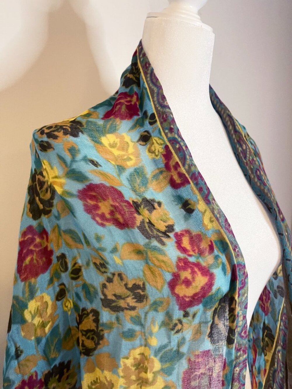 J. Jill Floral Paisley Scarf Teal Multicolor Lightweight Fringed Wrap Artsy